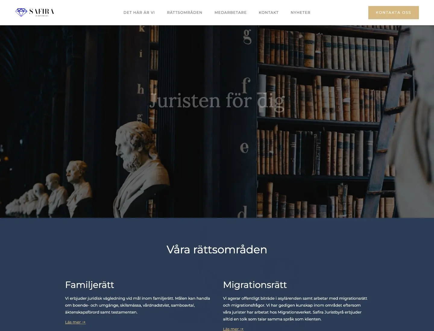 Safira Juristbyrås startsida i Webflow